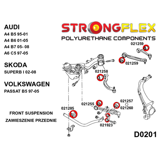 STRONGFLEX 021257A: Přední spodní rameno vnější silentblok 49mm SPORT pro Audi