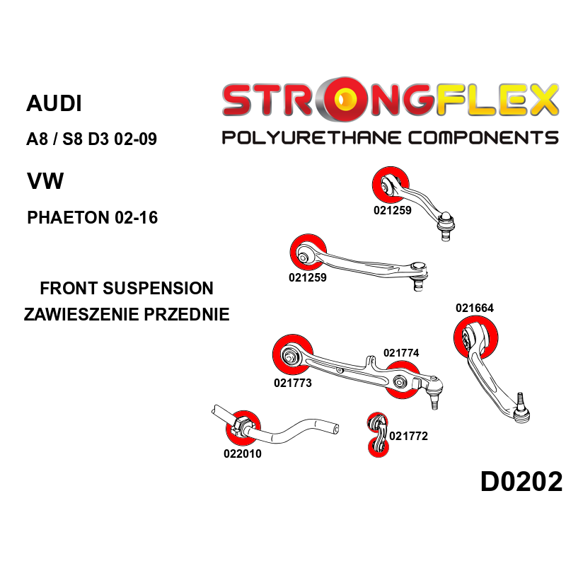 STRONGFLEX 021973B: Přední spodní rameno - zadní silentblok 75mm pro Audi