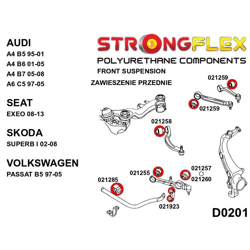 STRONGFLEX 026278B: Přední náprava a zadní nápravnice - sada silentbloků pro Audi