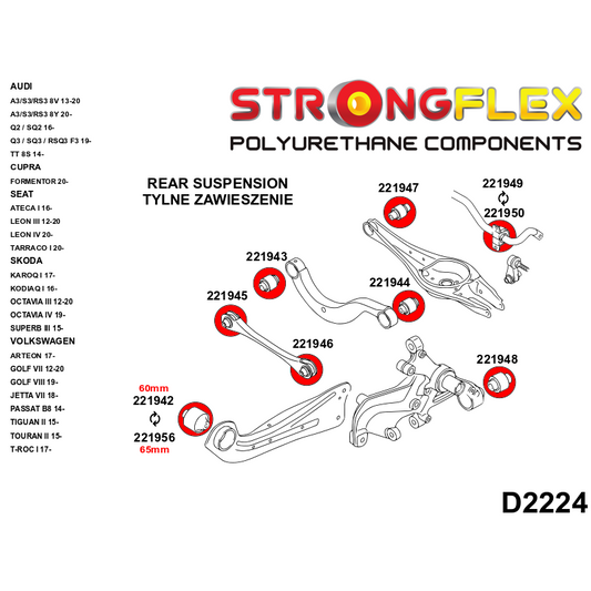 STRONGFLEX 221942A: Vlečené rameno - přední silentblok SPORT pro Audi