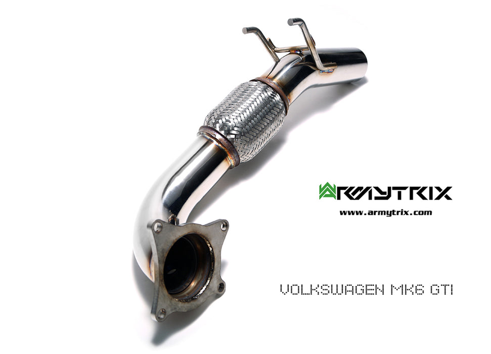 Armytrix nerezový vysoce průchozí downpipe bez katalyzátoru + sekundární downpipe s odstíněním lambda sondy (cat simulator) (76mm) pro Volkswagen Golf 6 GTI 2.0 Turbo (2008-2013)