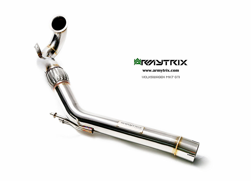 Armytrix nerezový vysoce průchozí downpipe bez katalyzátoru s odstíněním lambda sondy (cat-simulator) pro Volkswagen Golf 7.5 GTI 2.0 Turbo (2013-)