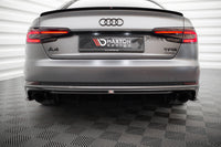 Maxton Design vložka zadního nárazníku pro Audi A4 B9, černý lesklý plast ABS, S-Line Sedan / S-Line Avant, verze s jednoduchou koncovkou na obou stranách