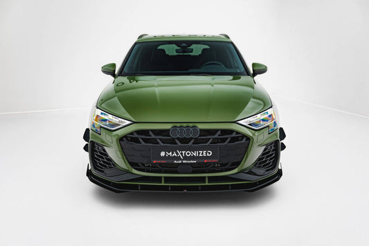 Maxton Design "Street Pro" spoiler pod přední nárazník s křidélky ver.1 pro Audi A3 8Y Facelift, plast ABS bez povrchové úpravy, S-Line / S-Line Sedan, s černou a červenou linkou