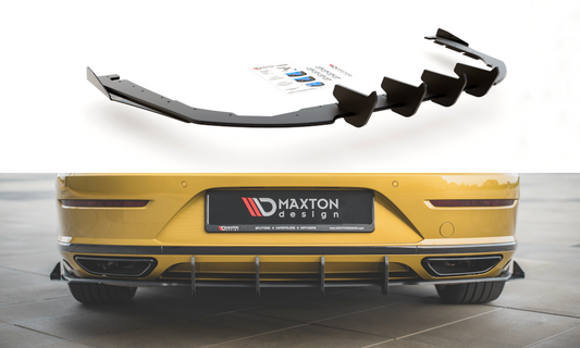 Maxton Design "Racing durability" vložka zadního nárazníku s křidélky pro Volkswagen Arteon, černý lesklý plast ABS, s červenou linkou